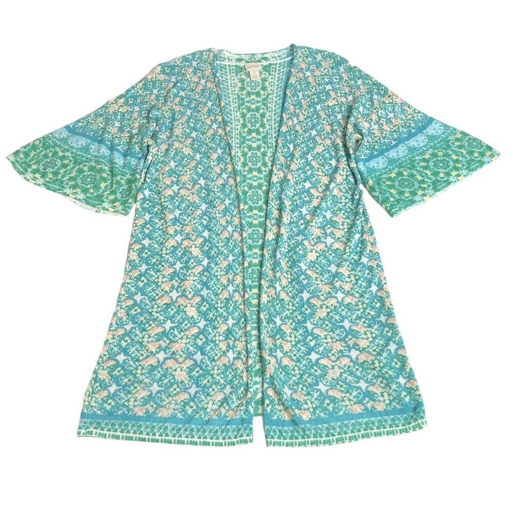 Chicos Cardigan Womens 0 XS Green Floral Knit Long‎ Open Front Kimono Geometric